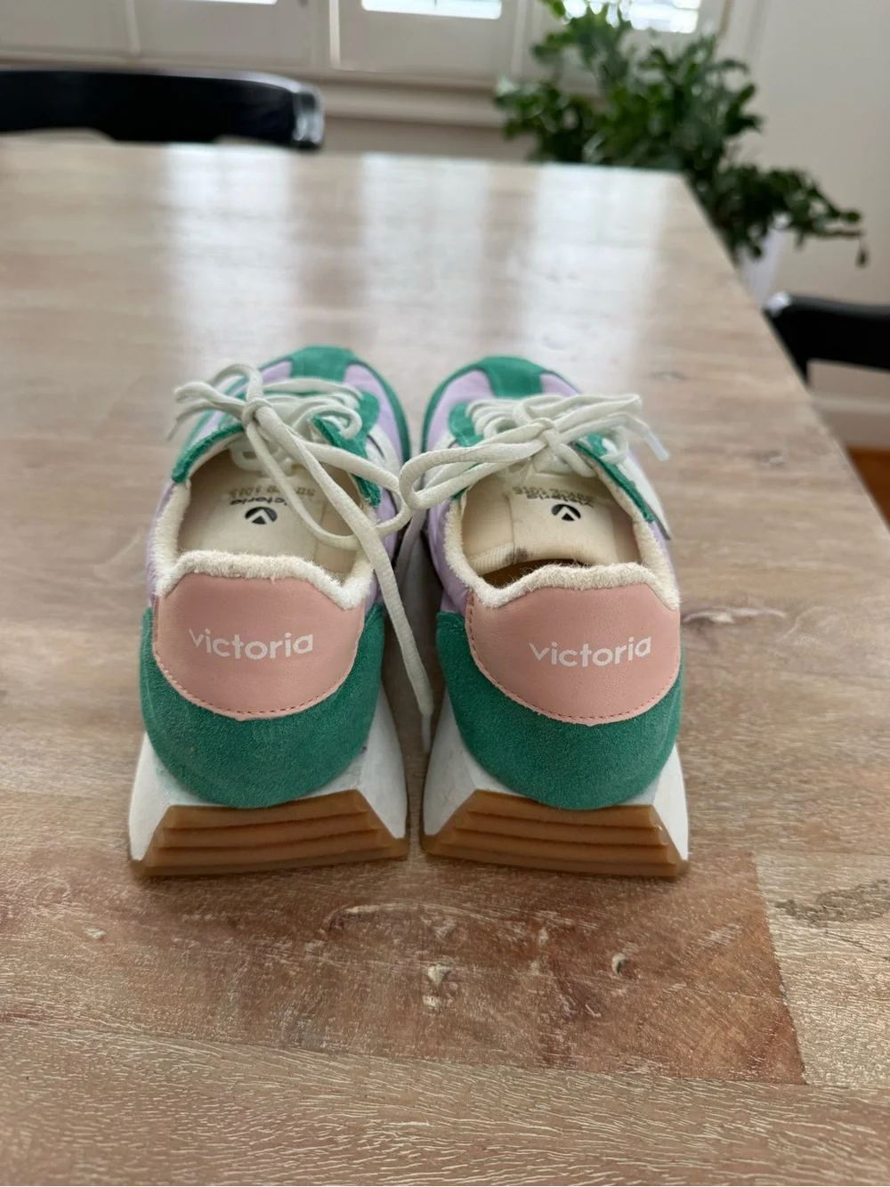 Women's Retro-Style Lace-Up Sneakers in Green, Lavender & Cream